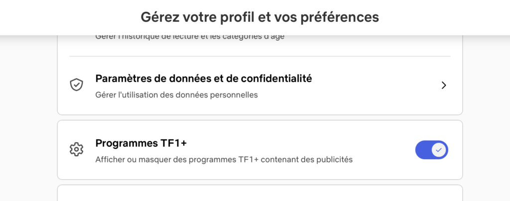 L'option pour désactiver TF1+ sur Netflix.