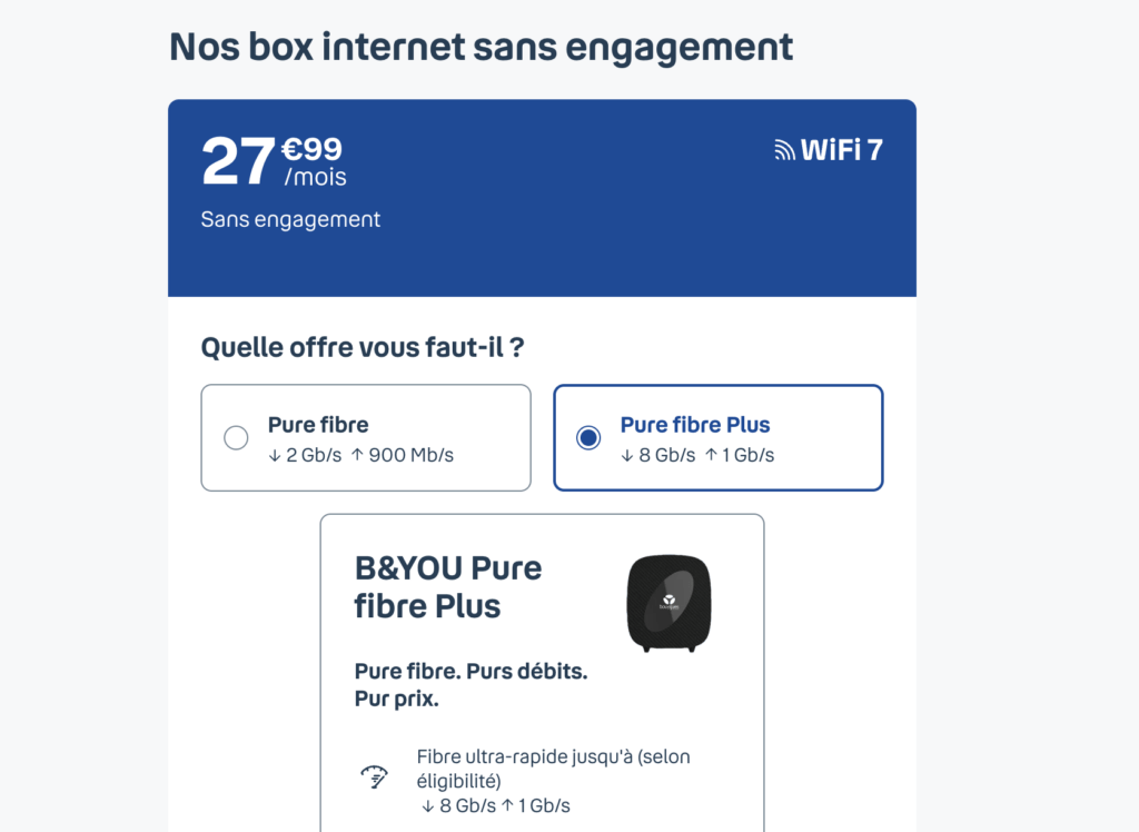 Le nouveau prix de l'offre B&You Pure Fibre. Le nouveau prix de l'offre B&You Pure Fibre.