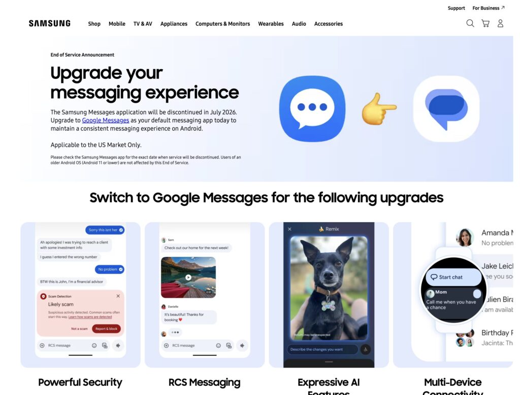 Samsung appelle à changer d'application de messagerie.