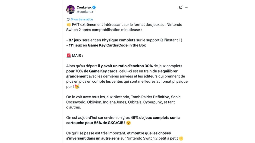 87 jeux sortis ou annoncés seraient aujourd’hui disponibles en cartouche complète, contre 111 en Game-Key Card ou en simple « code in the box ». // Source : @Conkerax sur X 87 jeux sortis ou annoncés seraient aujourd’hui disponibles en cartouche complète, contre 111 en Game-Key Card ou en simple « code in the box ». // Source : @Conkerax sur X