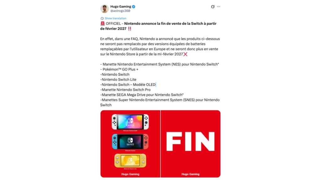 Ce changement acte la fin de toute une gamme de consoles Nintendo.  // Source : @astrogo360