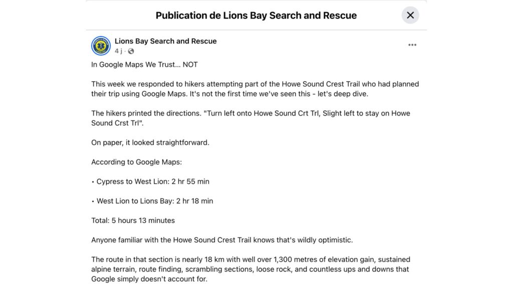 Les équipes de Lions Bay Search and Rescue ont dû intervenir. // Source : Lions Bay Search and Rescue Les équipes de Lions Bay Search and Rescue ont dû intervenir. // Source : Lions Bay Search and Rescue