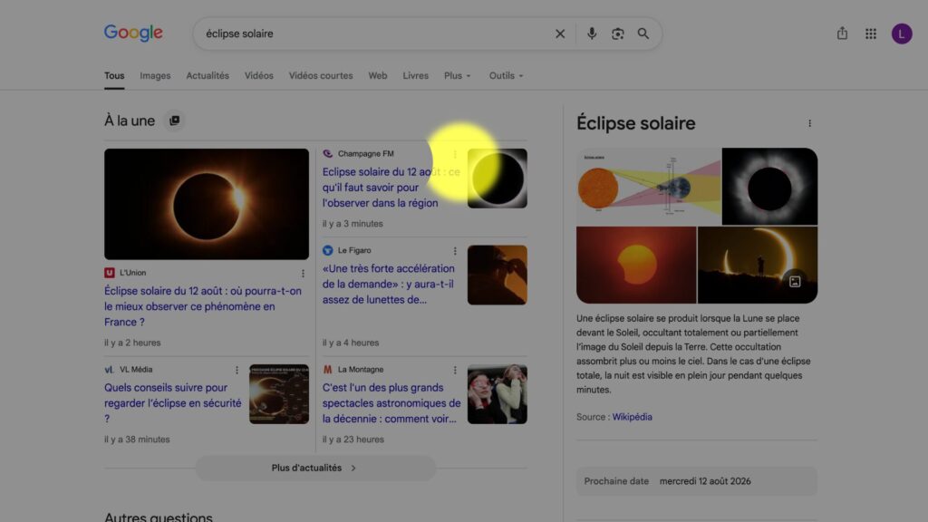 Google a caché une petite surprise pour l'éclipse solaire. // Source : Capture d'écran Numerama Google a caché une petite surprise pour l'éclipse solaire. // Source : Capture d'écran Numerama