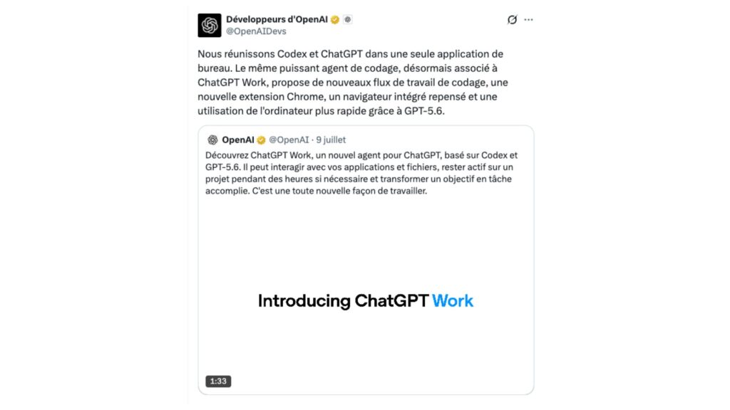 Codex et ChatGPT ont été réunis dans une seule application de bureau // Source : OpenAIDevs sur X