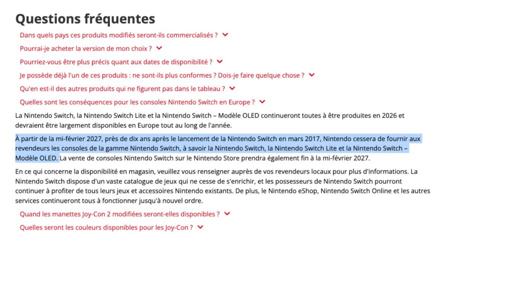 Nintendo l'a annoncé dans une FAQ.  // Source : Capture d'écran Numerama
