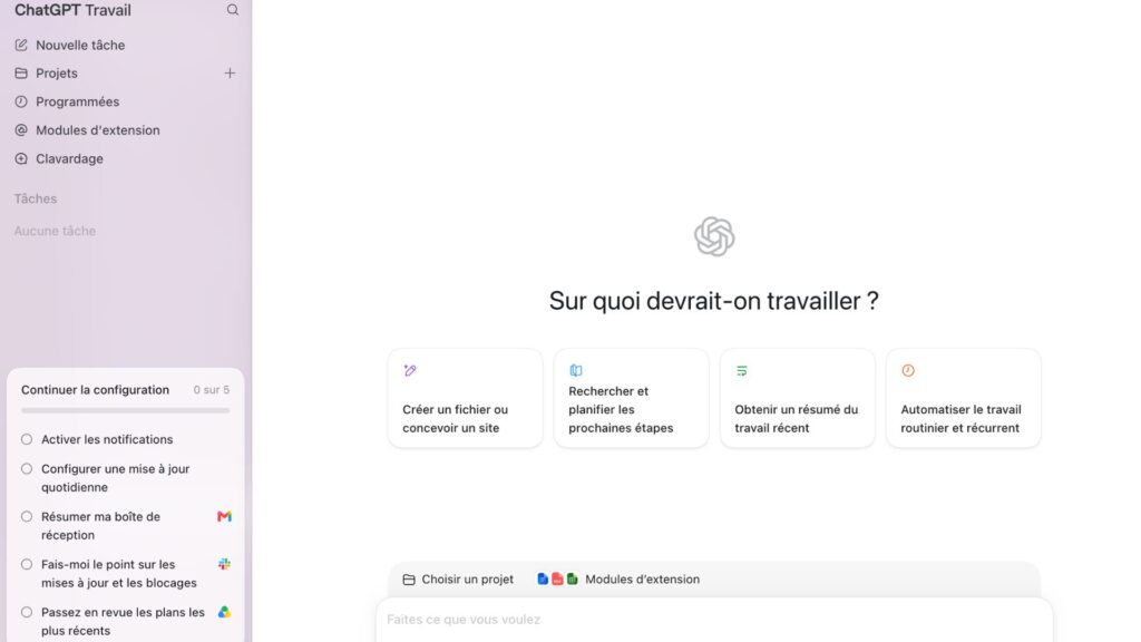 À l’ouverture, l’utilisateur peut notamment se retrouver directement dans ChatGPT Work. // Source : Capture d'écran Numerama