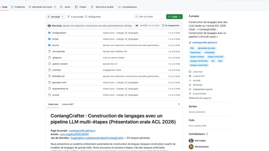 ConlangCrafter sur GitHub // Source : Capture d'écran Numerama ConlangCrafter sur GitHub // Source : Capture d'écran Numerama