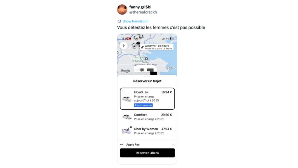 À Six-Fours-les-Plages, dans le Var, l’application lui réclame 19,94 euros en UberX, contre 47,94 euros avec Uber by Women // Source : @therealcrackh À Six-Fours-les-Plages, dans le Var, l’application lui réclame 19,94 euros en UberX, contre 47,94 euros avec Uber by Women // Source : @therealcrackh