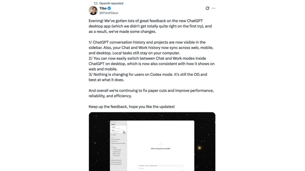 L'un des employés d'OpenAI a annoncé avoir déployé une mise à jour. // Source : @thsottiaux sur X L'un des employés d'OpenAI a annoncé avoir déployé une mise à jour. // Source : @thsottiaux sur X