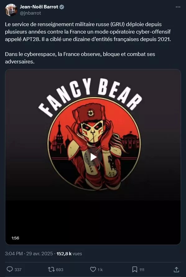 Pour la première fois, la France attribue officiellement à la Russie plusieurs cyberattaques, notamment via le groupe militaire russe GRU (APT28). // Source : X Pour la première fois, la France attribue officiellement à la Russie plusieurs cyberattaques, notamment via le groupe militaire russe GRU (APT28). // Source : X