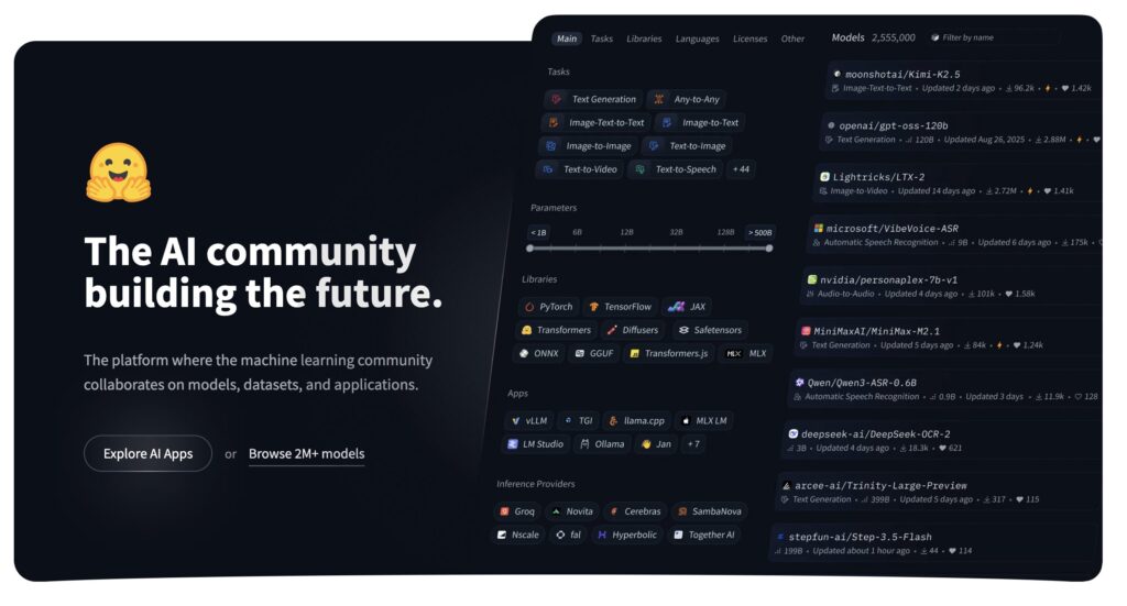 Hugging Face, c'est une plateforme où les entreprises et chercheurs déposent leurs modèles d'IA et jeux de données, pour que d'autres puissent les télécharger et les utiliser. // Source : Capture d'écran homepage Hugging Face Hugging Face, c'est une plateforme où les entreprises et chercheurs déposent leurs modèles d'IA et jeux de données, pour que d'autres puissent les télécharger et les utiliser. // Source : Capture d'écran homepage Hugging Face