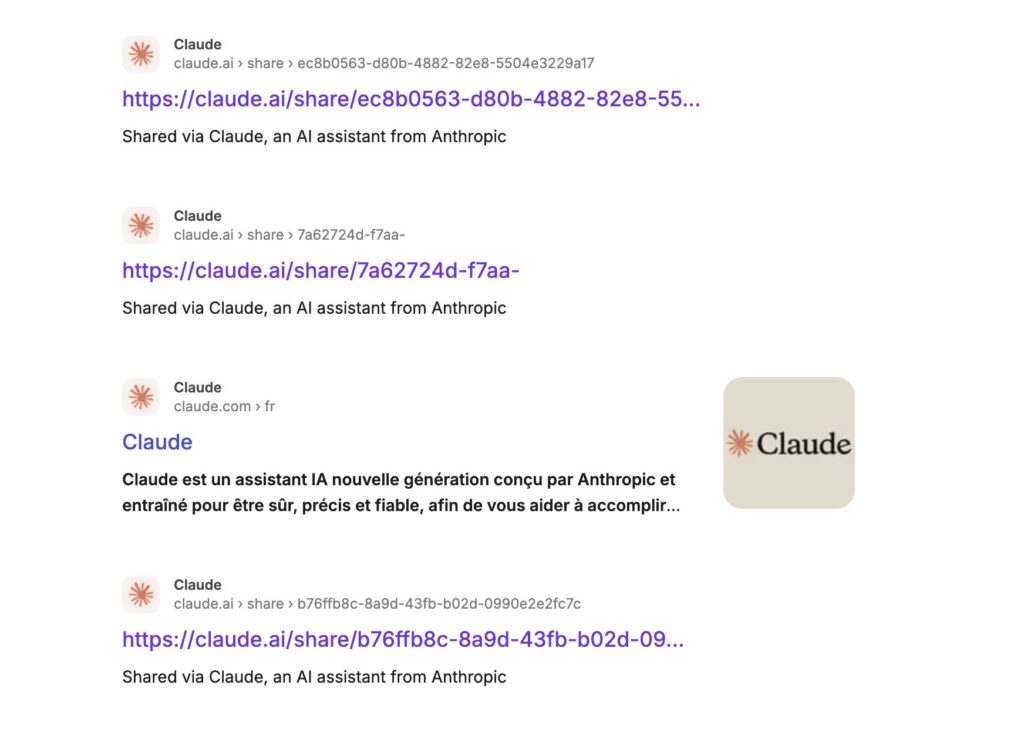 De nombreuses conversations Claude sont toujours indexées sur Brave Search // Source : Capture d'écran Numerama De nombreuses conversations Claude sont toujours indexées sur Brave Search // Source : Capture d'écran Numerama