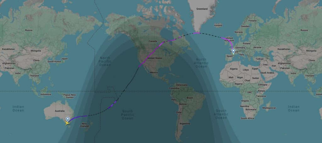 Capture d'écran du trajet Melbourne-Toulouse // Source : FlightRadar24 Capture d'écran du trajet Melbourne-Toulouse // Source : FlightRadar24