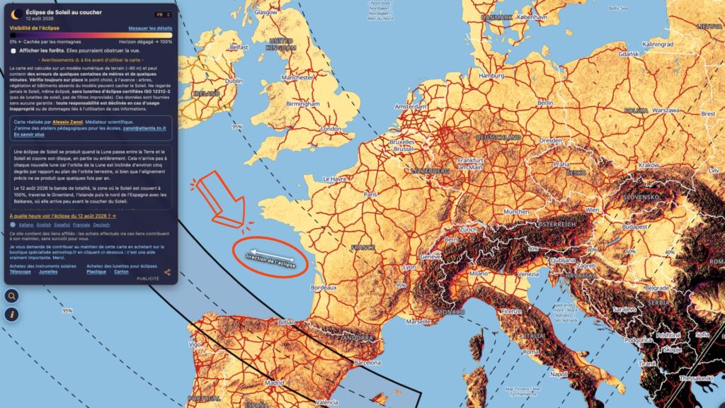 Le petit truc en plus : le curseur vous indique la direction de l'éclipse ! // Source : Capture d'écran eclipsemap/xyz ; annotations Numerama Le petit truc en plus : le curseur vous indique la direction de l'éclipse ! // Source : Capture d'écran eclipsemap/xyz ; annotations Numerama