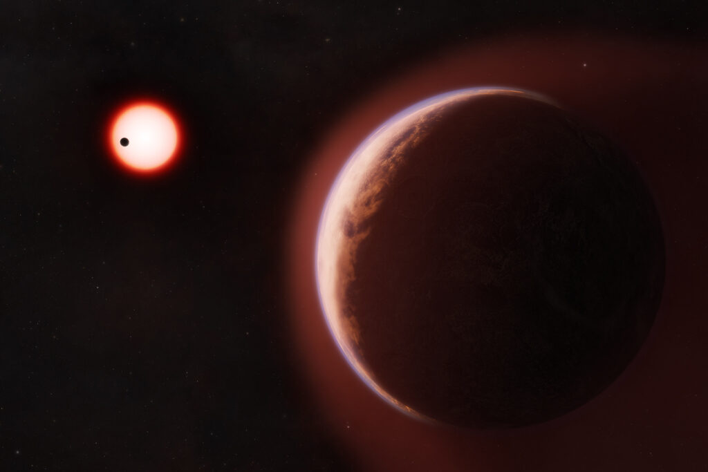 Cette illustration montre l’exoplanète LHS 1140 b au premier plan, entourée d’une atmosphère riche en hélium. // Source : Melissa Weiss / Center for Astrophysics Cette illustration montre l’exoplanète LHS 1140 b au premier plan, entourée d’une atmosphère riche en hélium. // Source : Melissa Weiss / Center for Astrophysics