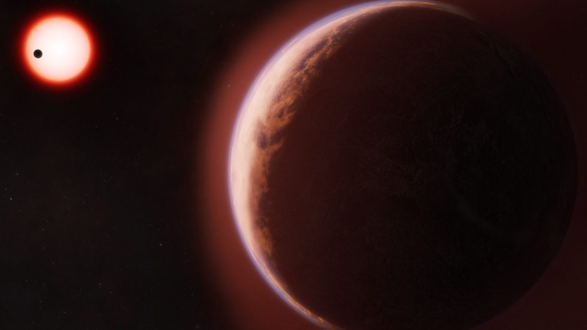 Cette illustration montre l’exoplanète LHS 1140 b au premier plan, entourée d’une atmosphère riche en hélium. // Source : Melissa Weiss / Center for Astrophysics Cette illustration montre l’exoplanète LHS 1140 b au premier plan, entourée d’une atmosphère riche en hélium. // Source : Melissa Weiss / Center for Astrophysics
