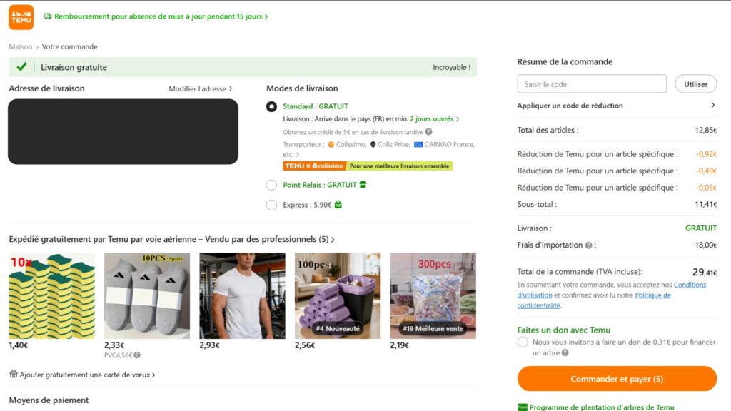 Pour une commande de 12,95 avec 5 produits différents, Temu applique directement 18 € de frais