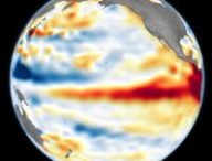 Surface de la mer plus élevée que la normale (en rouge) dans l'océan Pacifique, le 8 juin 2026. // Source : NASA Earth Observatory/Lauren Dauphin