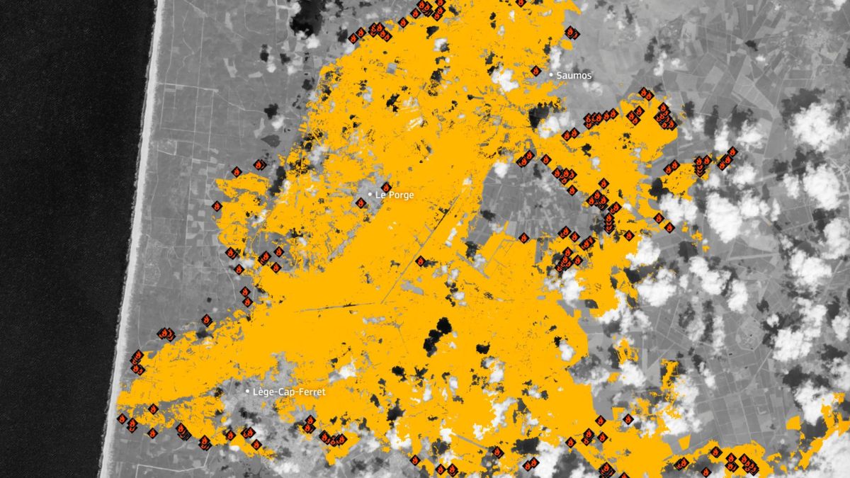 Incendies en Gironde. // Source : European Union, Copernicus Emergency Management Service data (image recadrée) Incendies en Gironde. // Source : European Union, Copernicus Emergency Management Service data (image recadrée)