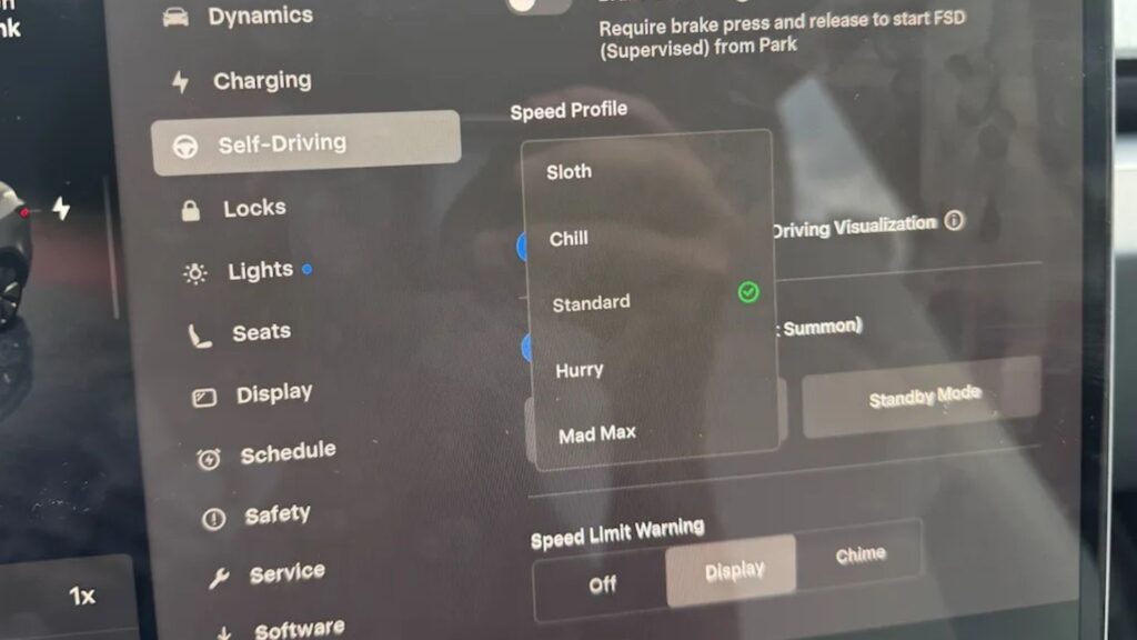 Les modes de vitesse du Tesla FSD, du plus lent au plus rapide. // Source : Electrek Les modes de vitesse du Tesla FSD, du plus lent au plus rapide. // Source : Electrek