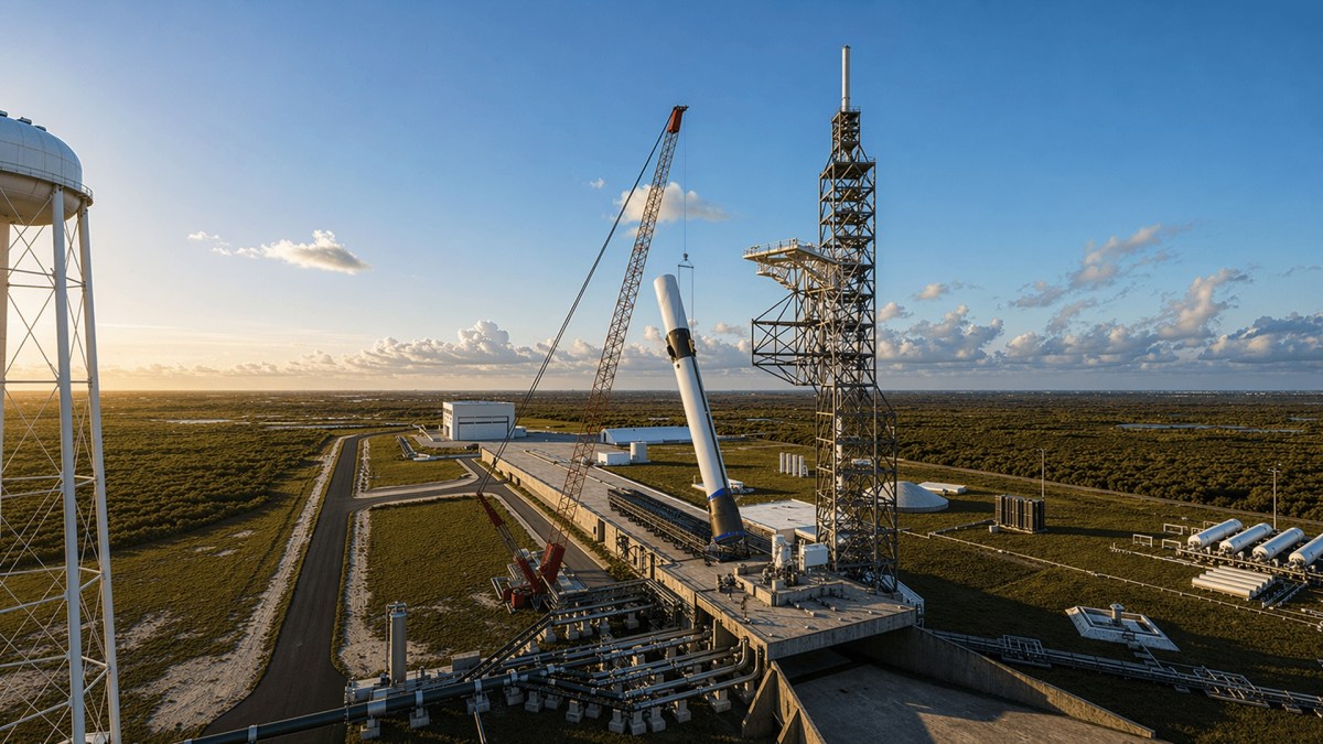 Le nouveau pas de tir de Blue Origin en construction. // Source : Blue Origin Le nouveau pas de tir de Blue Origin en construction. // Source : Blue Origin