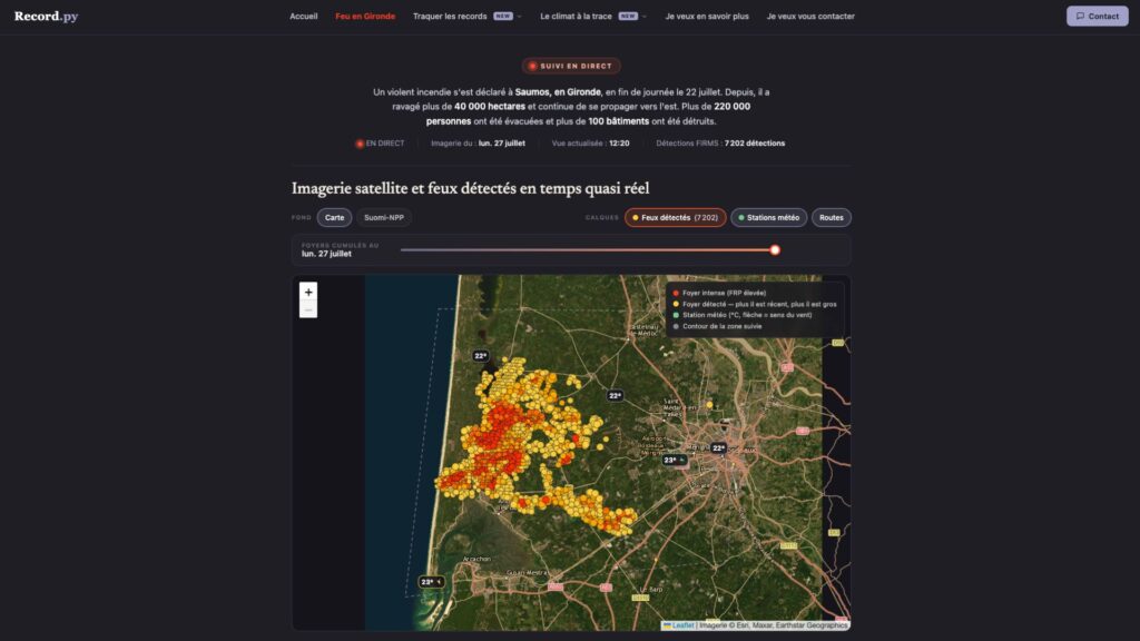 La page dédiée aux incendies en Gironde sur RecordPy. // Source : Capture d'écran RecordPy le 27 juillet à 12h15 La page dédiée aux incendies en Gironde sur RecordPy. // Source : Capture d'écran RecordPy le 27 juillet à 12h15