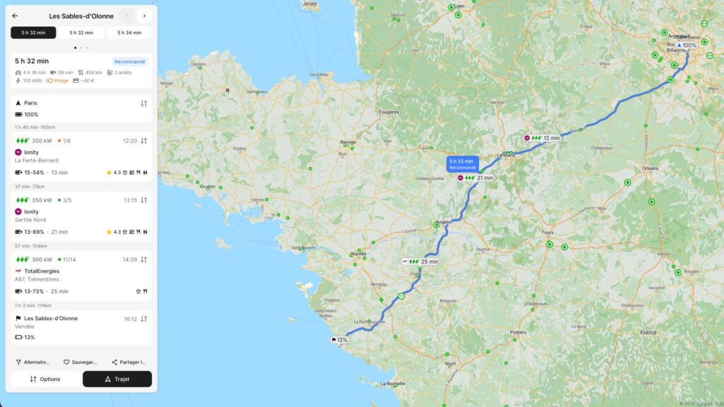 Simulation du trajet Paris-Sables-d'Olonne. // Source : ABRP