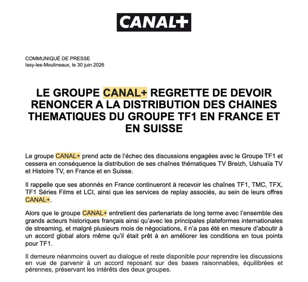 Le communiqué de Canal+.