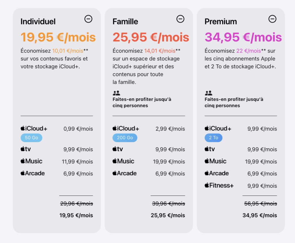 22 euros par mois d'économie pour Apple One Premium, c'est 3 euros de plus qu'avant. 22 euros par mois d'économie pour Apple One Premium, c'est 3 euros de plus qu'avant.