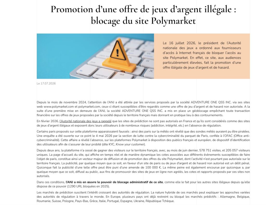 Le communiqué de l'ANJ sur la fin de Polymarket en France. Le communiqué de l'ANJ sur la fin de Polymarket en France.