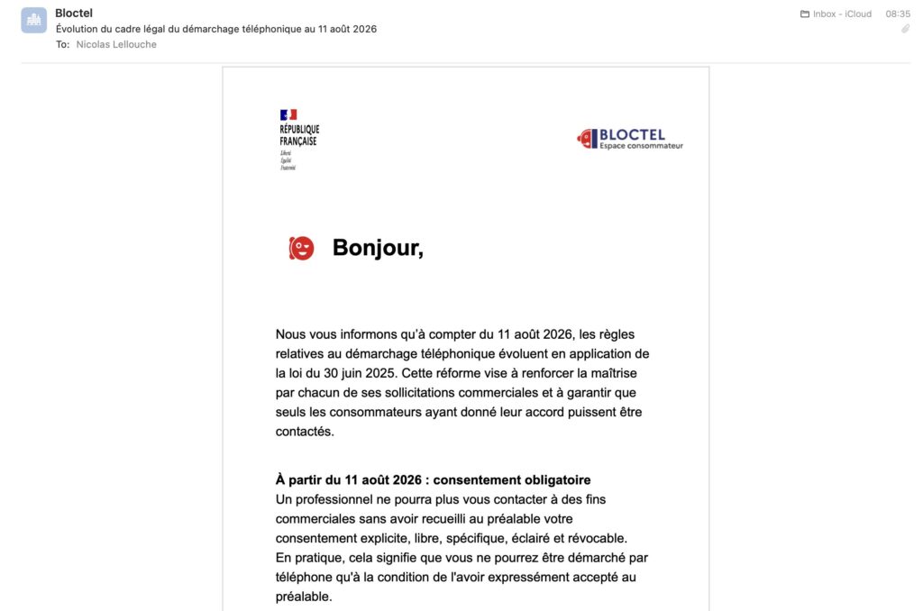 Le mail envoyé par Bloctel.