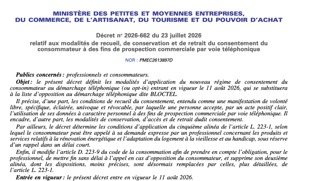 Le décret sur le démacharge téléphonique.