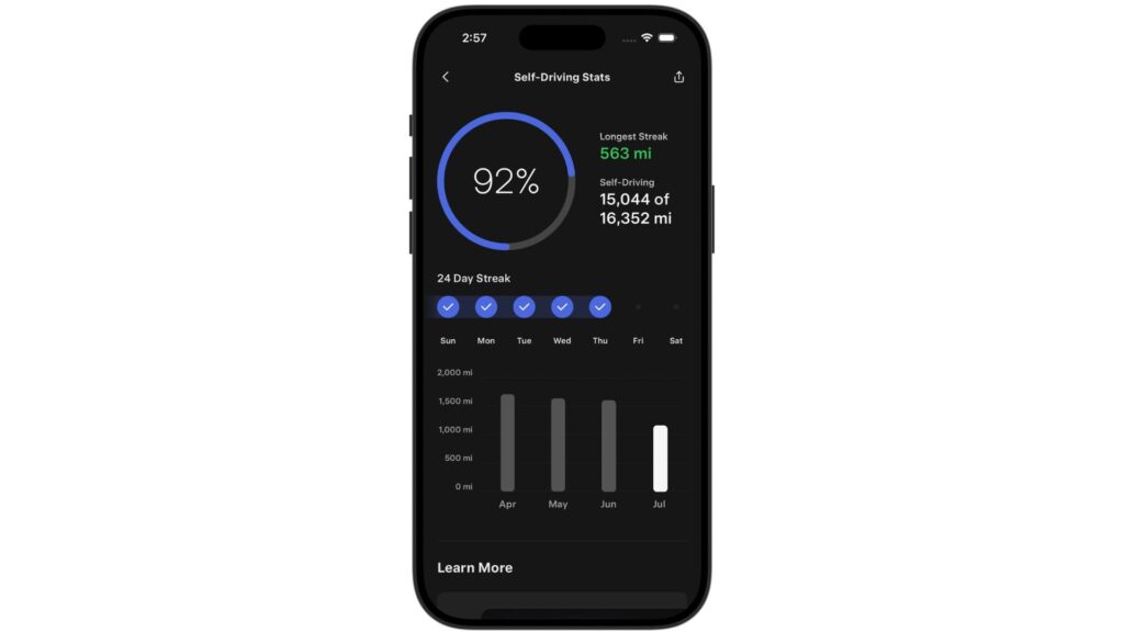Les stats FSD sont disponibles dans l'application Tesla. // Source : Tesla