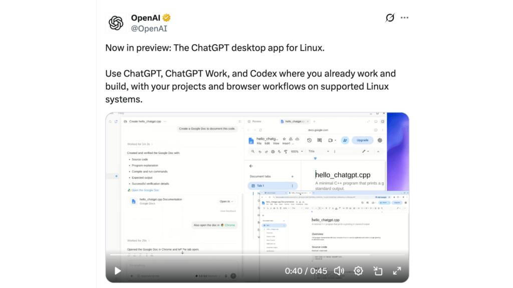 OpenAI a lancé une version preview de l’application de bureau ChatGPT pour Linux. // Source : Capture d'écran Numerama