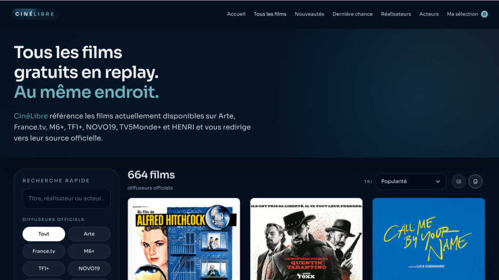 CinéLibre recense les films disponibles sur plusieurs plateformes. // Source : CinéLibre