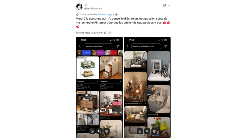 Il suffirait d’ajouter un gros mot à la fin de sa recherche Pinterest pour faire disparaître les publicités. // Source : @iamAljowhara