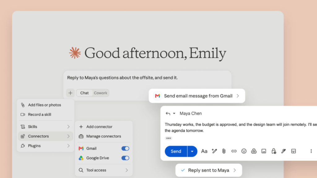 Claude peut désormais envoyer, répondre à et transférer des e-mails directement depuis Gmail, // Source : Anthropic