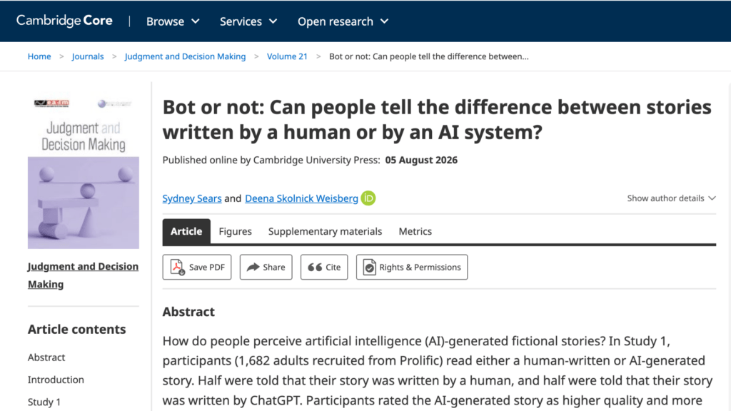 L'étude « Bot ou non : les gens peuvent-ils faire la différence entre des histoires écrites par un humain et celles écrites par un système d’IA ? » // Source : Cambridge University Press