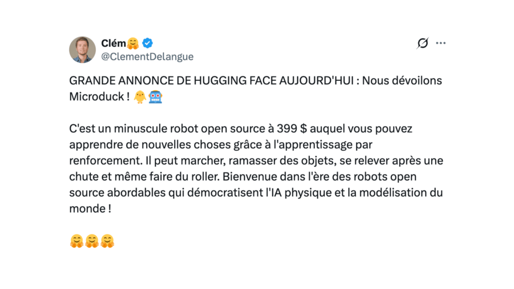 Les pré-commandes pour Microduck ont été lancées le 27 août 2026. // Source : @ClementDelangue Les pré-commandes pour Microduck ont été lancées le 27 août 2026. // Source : @ClementDelangue