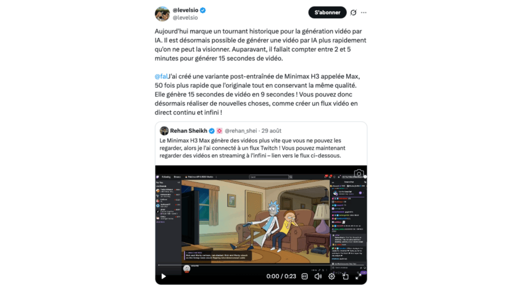 Pieter Levels assure qu'il est désormais possible de générer une vidéo par IA plus rapidement qu'on ne peut la visionner. // Source : @levelsio Pieter Levels assure qu'il est désormais possible de générer une vidéo par IA plus rapidement qu'on ne peut la visionner. // Source : @levelsio