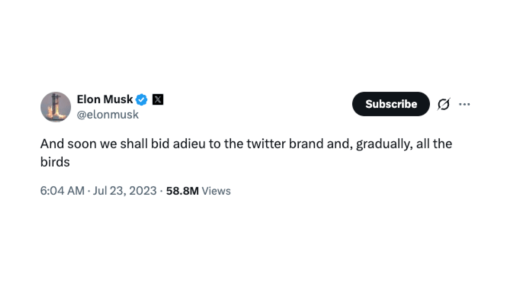 Elon Musk avait lui même dit qu'il était temps de dire adieu à Twitter et aux tweets // Source : @ElonMusk Elon Musk avait lui même dit qu'il était temps de dire adieu à Twitter et aux tweets // Source : @ElonMusk