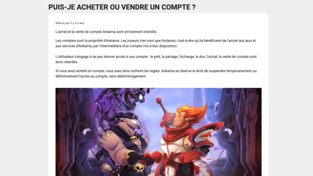 la revente d’un compte Dofus contre de l’argent est interdite par Ankama // Source : Ankama la revente d’un compte Dofus contre de l’argent est interdite par Ankama // Source : Ankama