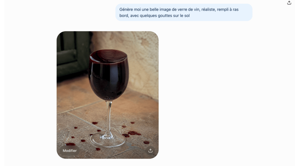 Un verre de vin rempli à ras bord, par ChatGPT en août 2026 // Source : Numerama Un verre de vin rempli à ras bord, par ChatGPT en août 2026 // Source : Numerama