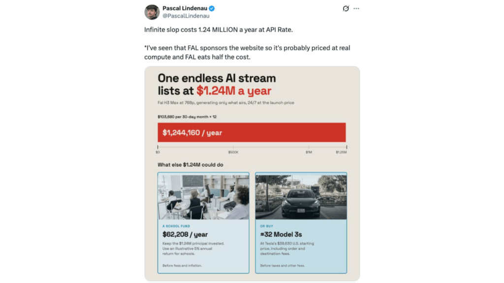 Un flux comme Infinite Slop dépasserait 1,2 million de dollars, selon le calcul du développeur Pascal Lindenau // Source : @Pascal Lindenau Un flux comme Infinite Slop dépasserait 1,2 million de dollars, selon le calcul du développeur Pascal Lindenau // Source : @Pascal Lindenau