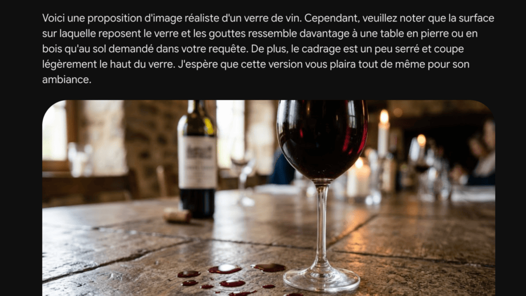 Gemini a cadré de très près le verre de vin // Source : Numerama Gemini a cadré de très près le verre de vin // Source : Numerama