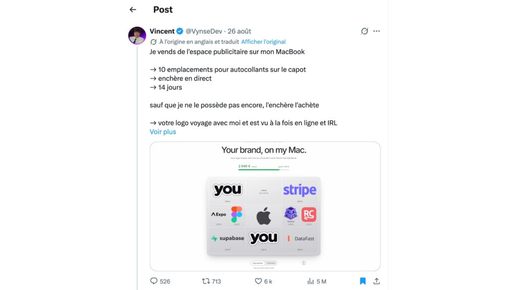 Le post initial de Brand My Mac cumule déjà 5 millions d’impressions, de quoi assurer une belle visibilité aux marques partenaires. Le post initial de Brand My Mac cumule déjà 5 millions d’impressions, de quoi assurer une belle visibilité aux marques partenaires.