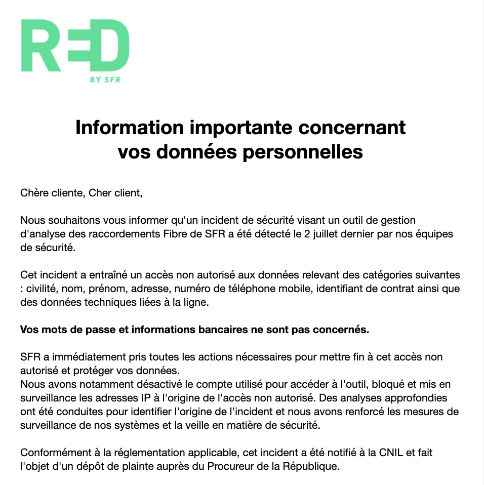 Mail reçu par les clients de Red by SFR // Source : capture d'écran Numerama Mail reçu par les clients de Red by SFR // Source : capture d'écran Numerama