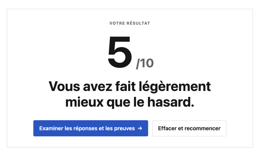 Score reçu au bout des 10 questions // Source : Capture d'écran Numerama Score reçu au bout des 10 questions // Source : Capture d'écran Numerama